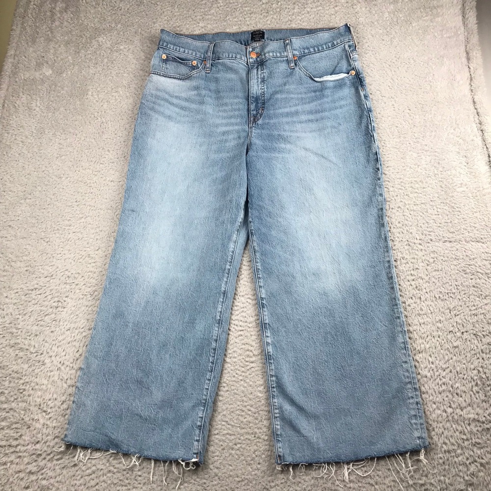J Crew Wide-Leg Crop Jeans Women 34 (37x25) Blue Raw Hem High Rise Denim